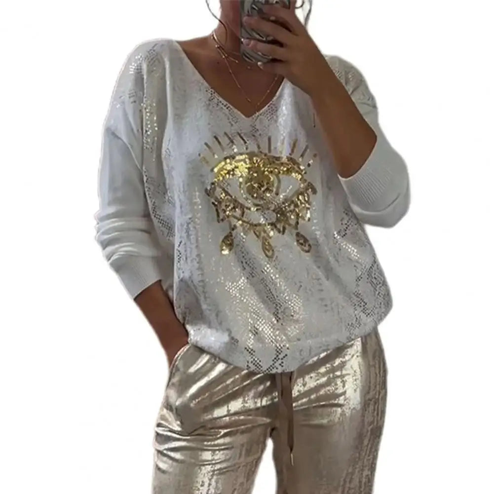 Evil Eye Print V-Neck Long Sleeve Women's Sweater + Metallic Harem Pants 2-Piece Set