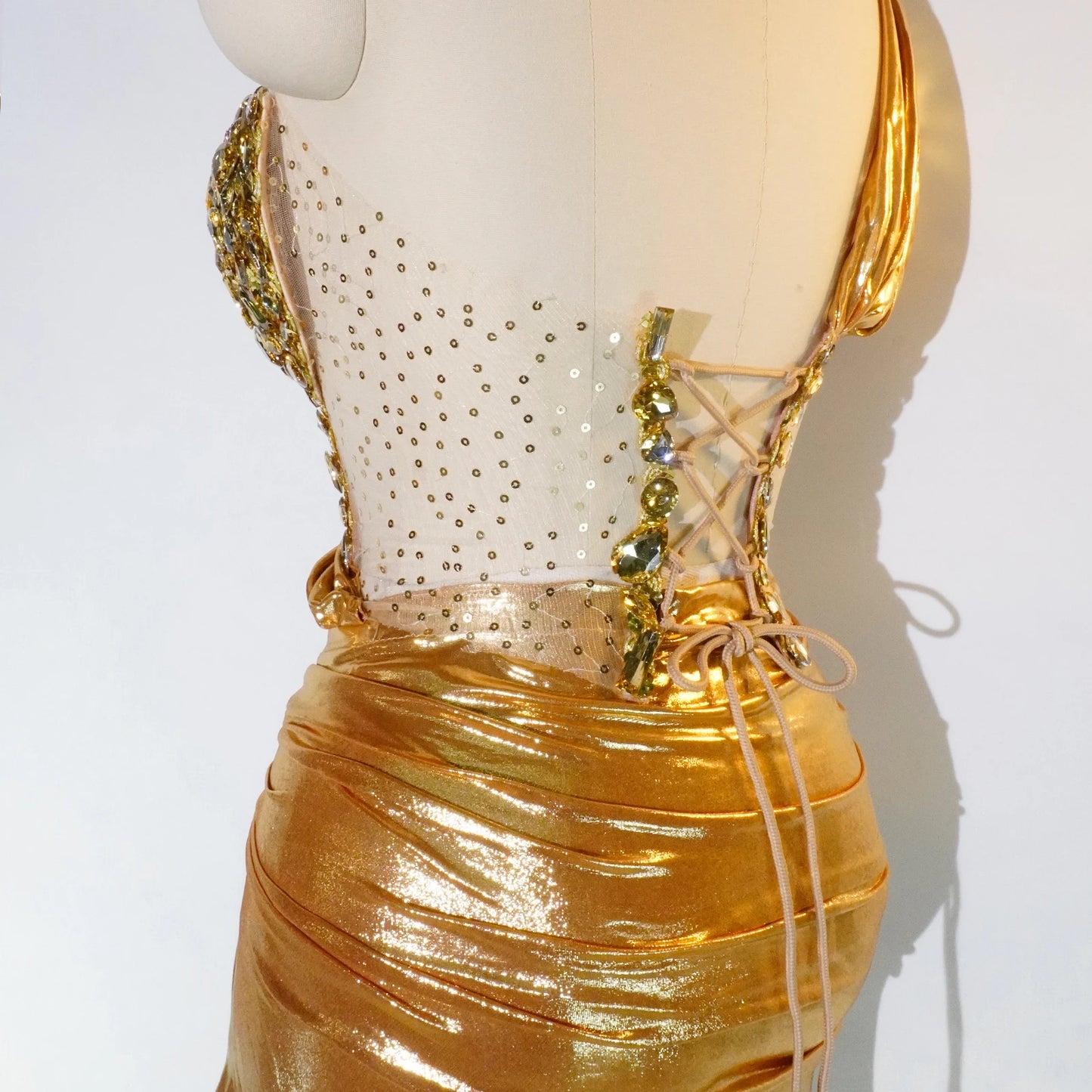 Gold Crystal Rhinestone Asymmetrical One Shoulder Women's Top + High Slit Maxi Skirt 2-Piece Formal Stage Costume Set