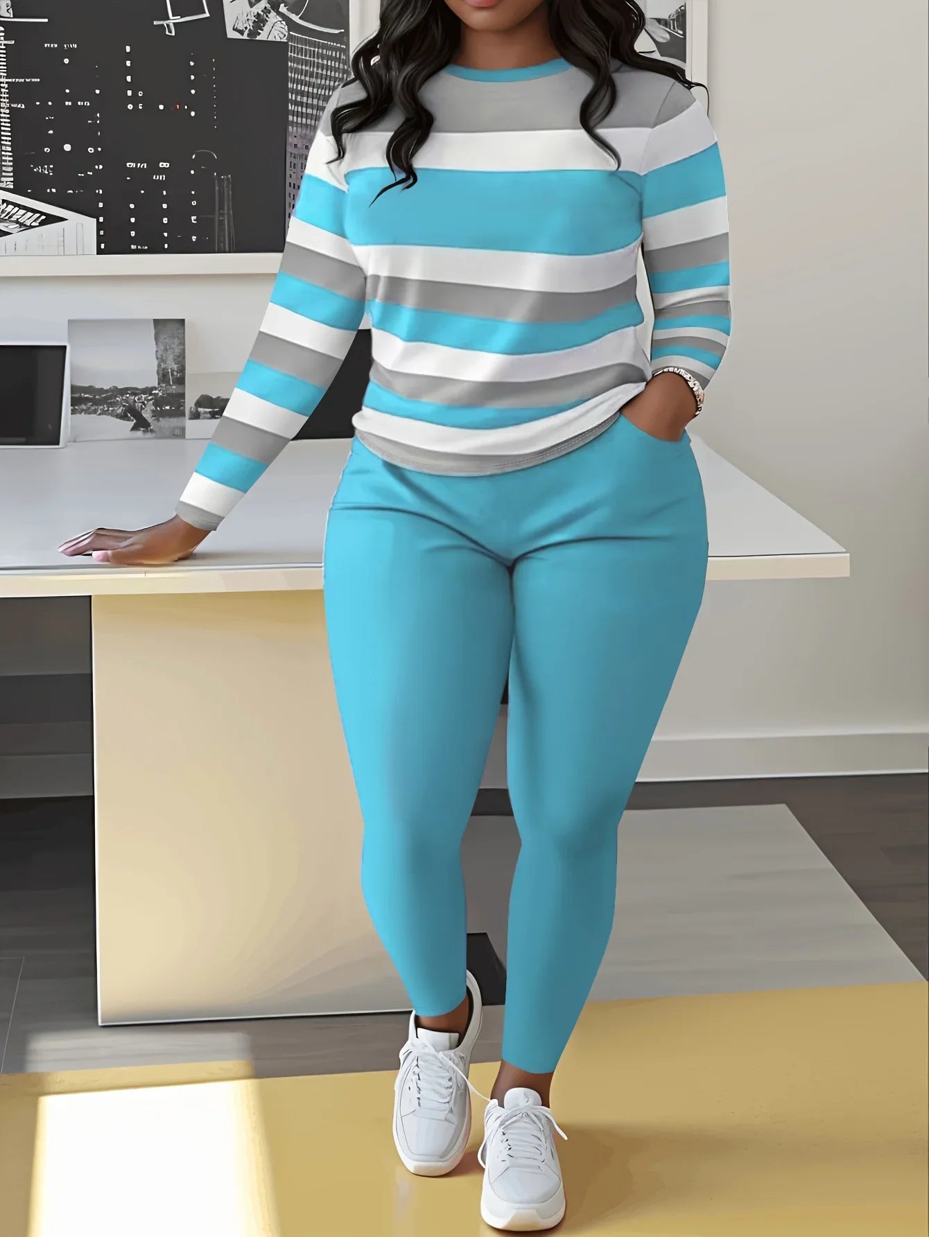 Striped Colorblock O-Neck Long Sleeve Top + Solid Color Leggings 2-Piece Sets to 5X Plus Size