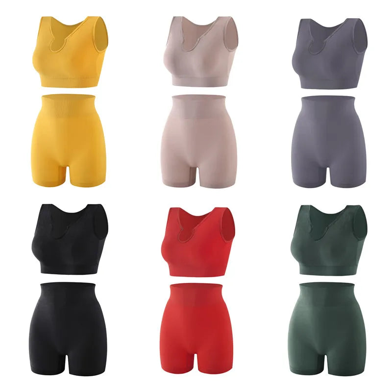 Cropped Solid V-Neck Compressed Breathable Quick Dry Activewear Women's Crop Top + Mini Biker Shorts 2-Piece Athleseuire Set