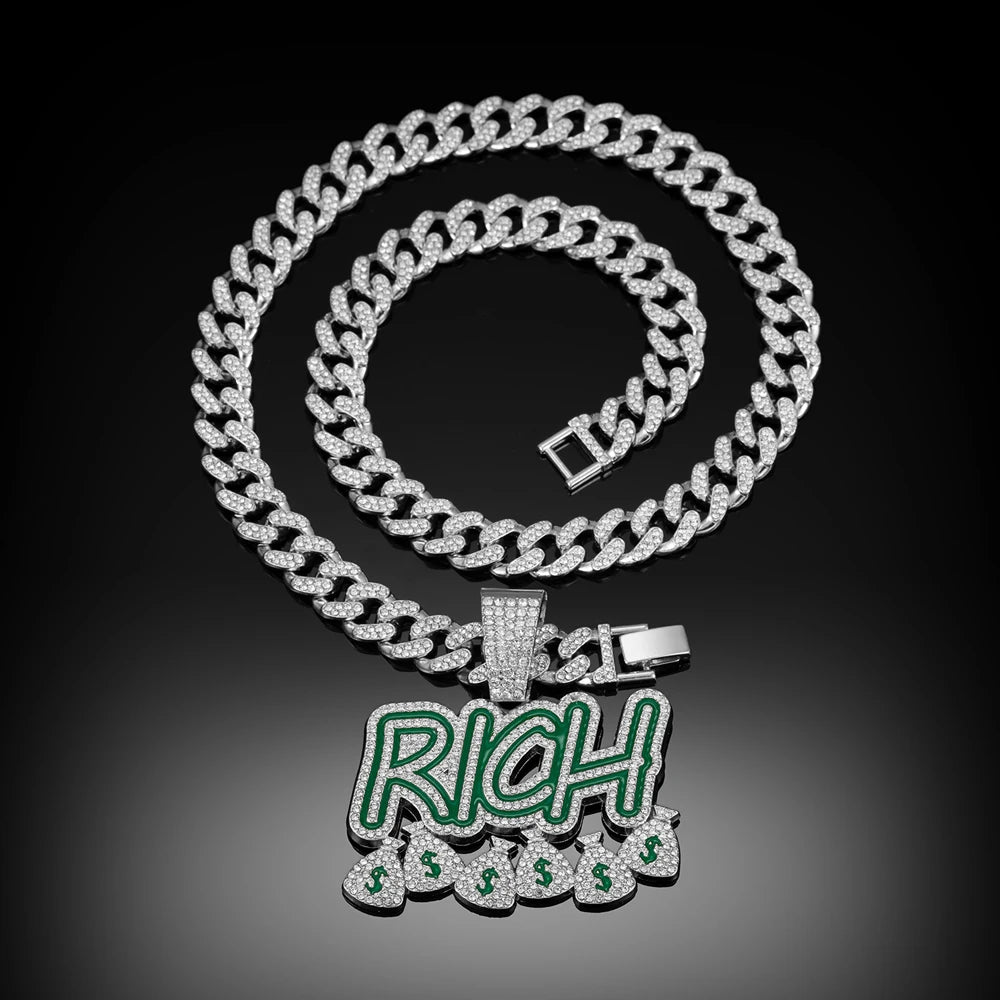"Rich" Rhinestone Money Bag Pendant 13mm Miami Cuban Link Chain Necklace