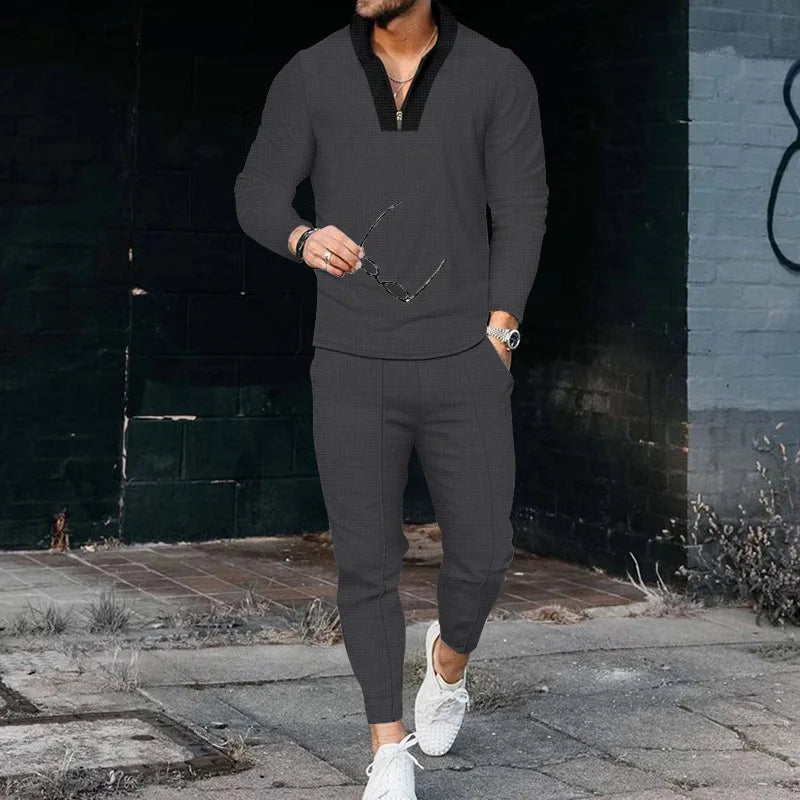 Men's Pullover Colorblock Long Sleeve V-Neck Zipper T-Shirt + Jogger Sweatpants 2-Piece Set
