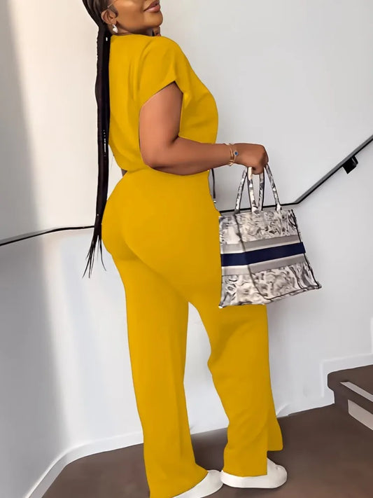 Zipper Front Women's Solid Color Casual Round Neck Drawstring Short Sleeve Top & High Waist Pants 2-Piece Set