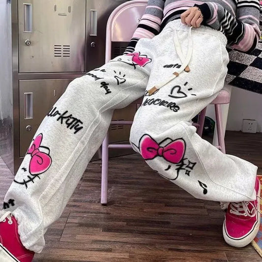 "Hello Kitty" Women's Grey Streetwear Drawstring Elastic Waist Jogger Sweatpants to 3X Plus Size