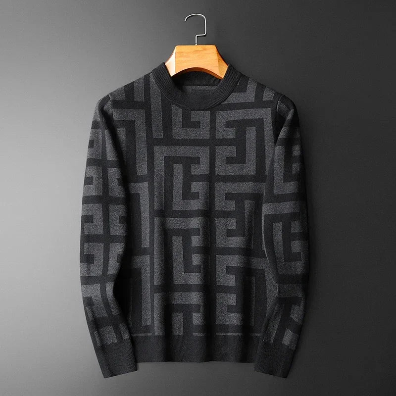 Men's Wool Geometric Colorblock Monogram Print Long Sleeve Computer Knitted O-Collar Sweater
