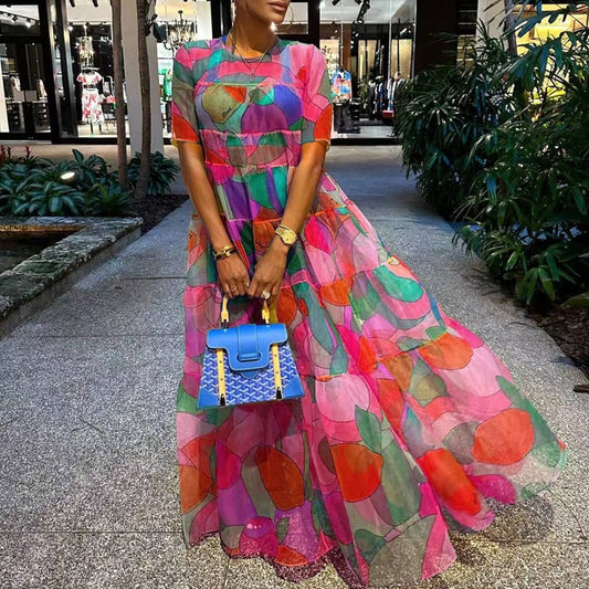 Geometric Floral Pattern Short Sleeve High Waisted Maxi Dress