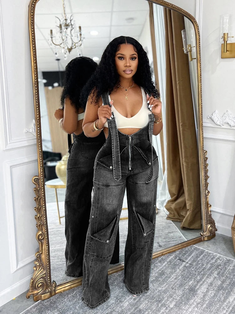 Denim Overall Design Women's Cargo Multi-Pocketed Wide Leg Jean Jumpsuit