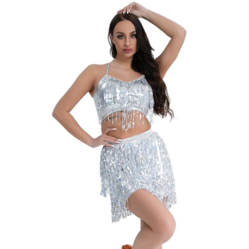Sequin Metallic Tassel Crop Tank Top + Elastic Waist Fringe Mini Skirt 2-Piece Set