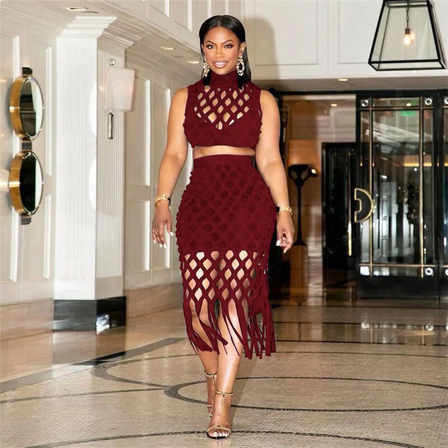 Hollow-Out Sleeveless Crop Top + Criss-Cross Tassel Fringe Design Bodycon Midi Skirt 2-Piece Set