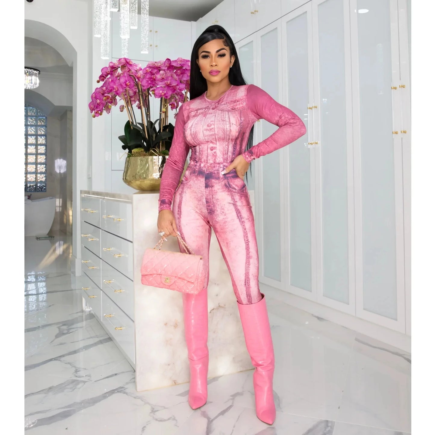 Mock Faded Denim 3D Print Long Sleeve Women's Top + Skinny Leggings 2-Piece Set