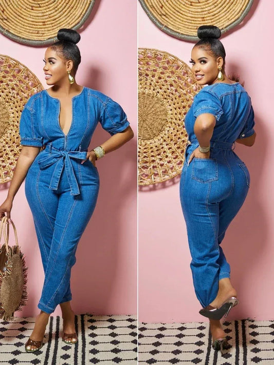 Blue Denim V-Neck Short Sleeve Solid Color Elastic Waist Pocketed Sash Belted Jumpsuit