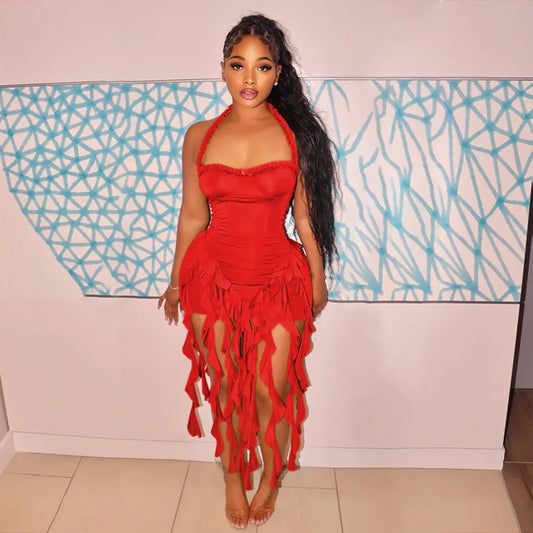 Sleeveless Strapless Halter Strap Streetwear Fringe Hanging Tassel Design Dress