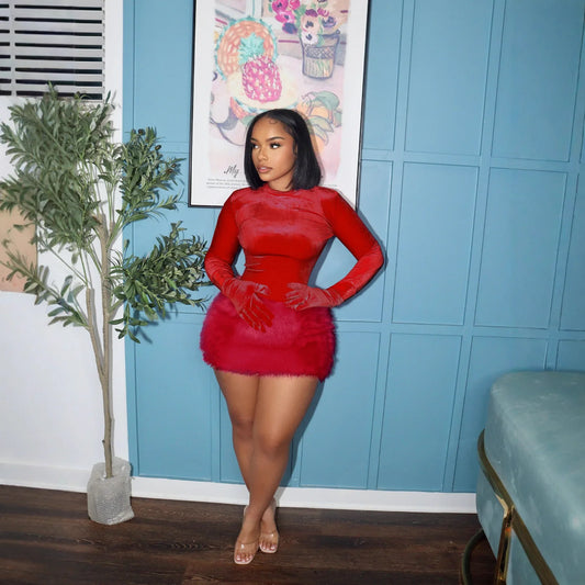 Velvet Long Sleeve Solid Color Women's Bodysuit+ Faux Fur Mini Skirt 2-Piece Set