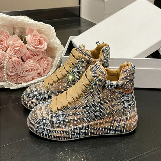 Rhinestone Plaid Monogram/Solid Print Sparkling Glitter Women's Outdoor Platform Lowtop Ankle Sneakers-2 Styles, 3 Colors