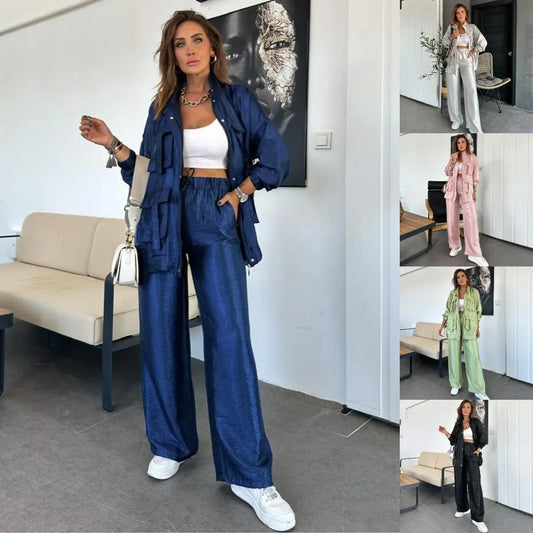 Metallic Women's Solid Cargo Pocketed Jacket + Wide Leg Pants 2-Piece Set