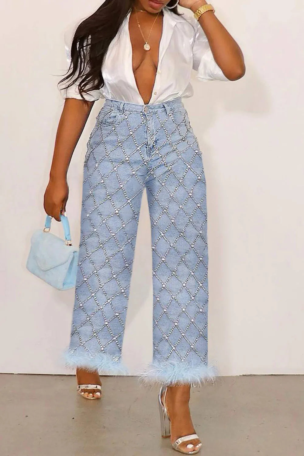 Rhinestone Hot Drill Women's Denim Light Blue High Waist Feather Hem Ankle-Length Jeans to 5X Plus Size