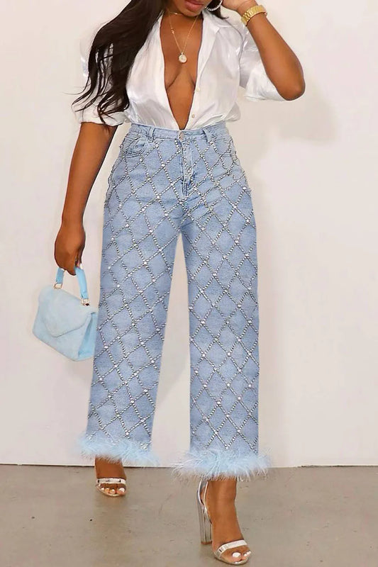 Rhinestone Hot Drill Women's Denim Light Blue High Waist Feather Hem Ankle-Length Jeans to 5X Plus Size