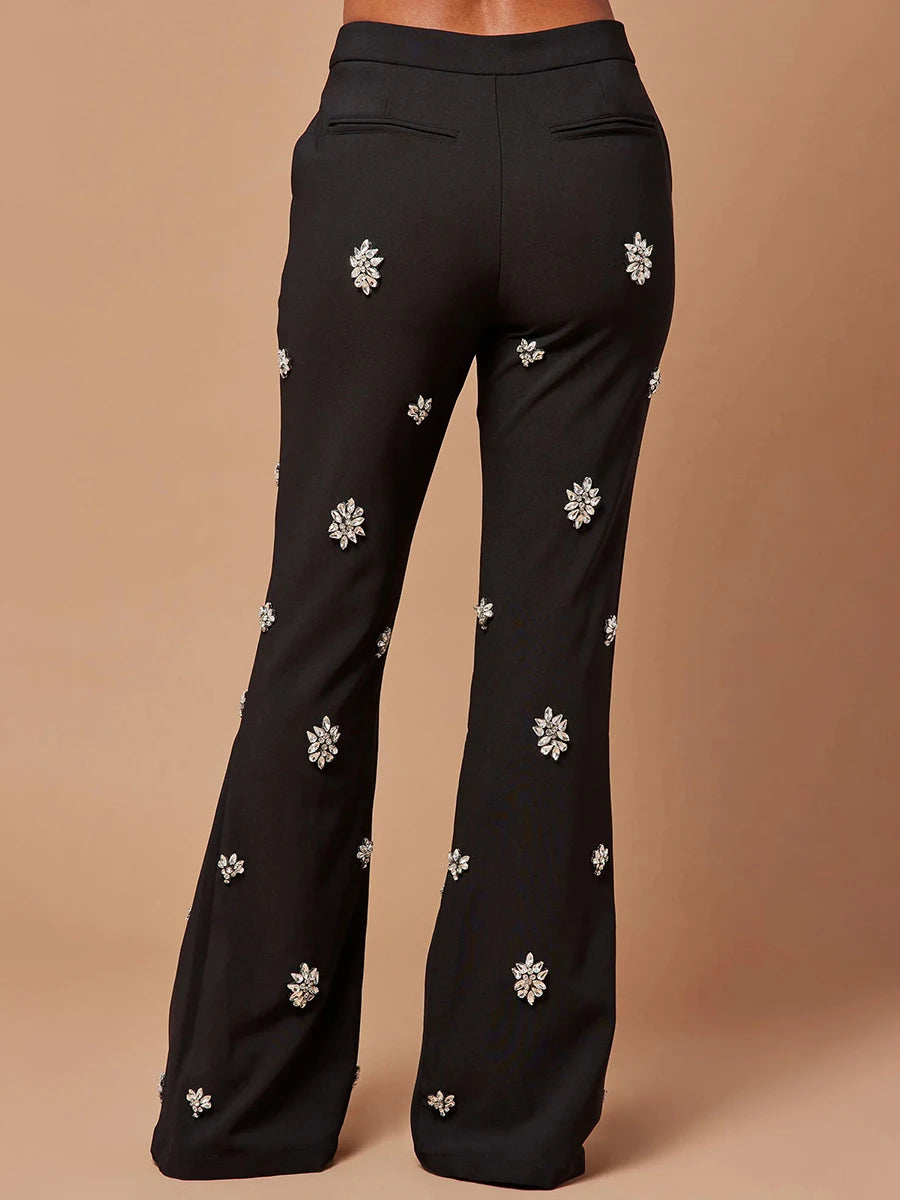 Patchwork Diamond Notched Collar Long Sleeve Blazer + High Waist Flared Pants Women's Formal Suit