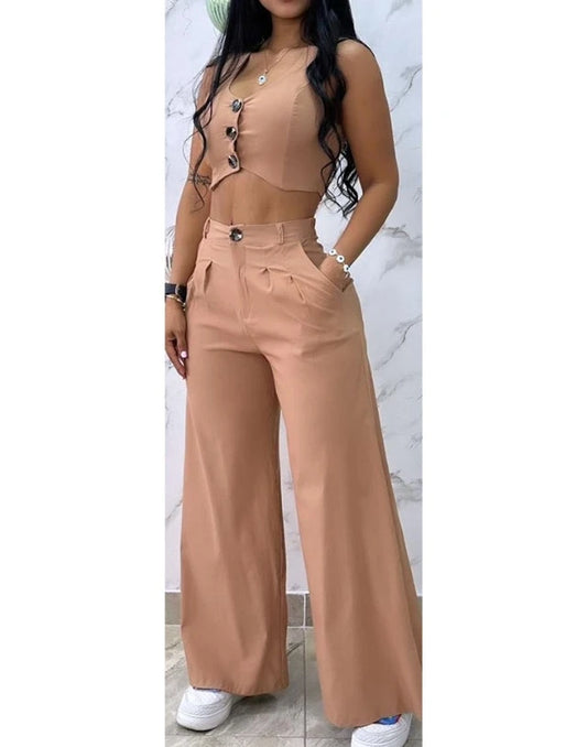 Light Brown Women's Button Front V-Neck Sleeveless Cropped Vest & High Waist Pocketed Wide Leg Pants 2-Piece Set