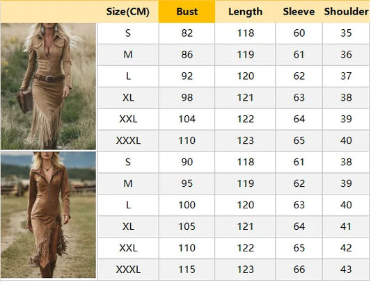 Suede Western Tassel Fringe Irregular Long Sleeve Solid Color High Slit Turn-Down Collar Zipper Maxi Dress to 3X Plus Size