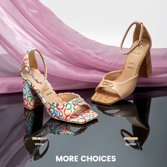 Monogram/Solid Pattern Open Square Toe Design Women's Platform Heel Sandals