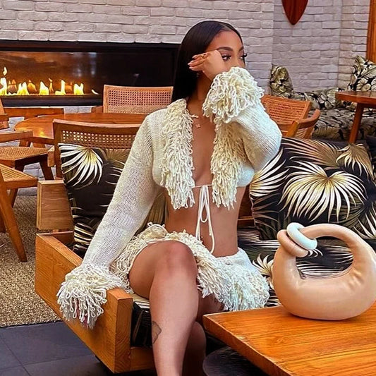 French Knitted Tassel Fringe Trim Long Sleeve Cropped Cardigan + Mini Skirt 2-Piece Set