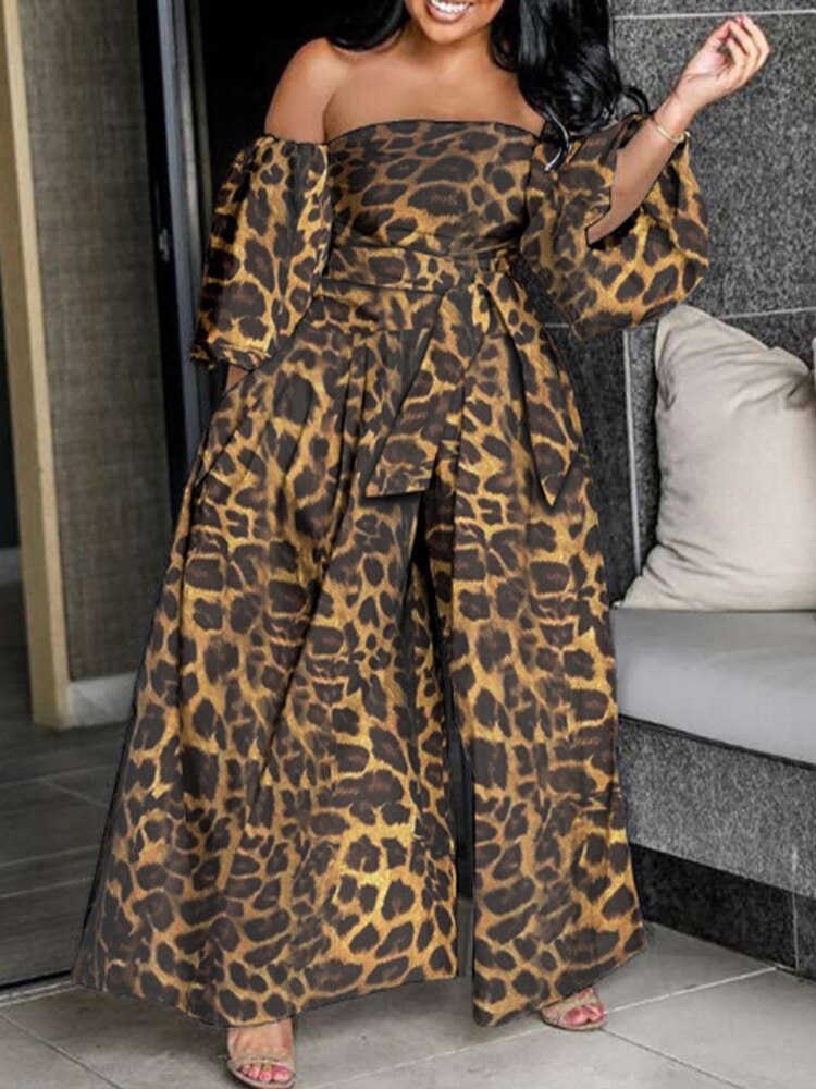 Oversized Off-the-Shoulder Colorblock/Leopard/Tie-Dye Belted Balloon Sleeve Wide Leg Jumpsuit to 4X Plus Size