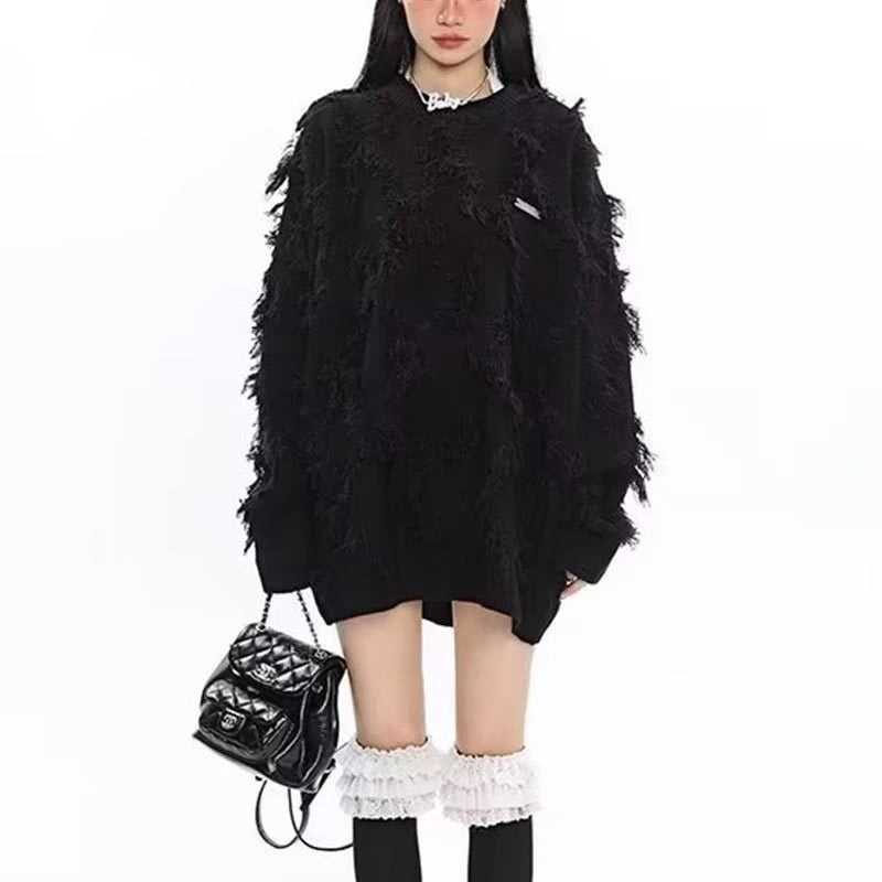 Oversized Fringe Tassel Design Knitted Women's Streetwear Loose Pullover Loose Sweater