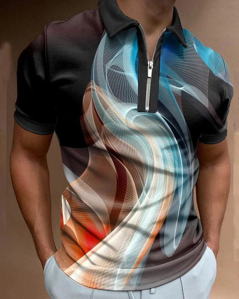 Men's Striped Swirl 3D Print Designer Streetwear Short Sleeve Zipper Polo Shirts
