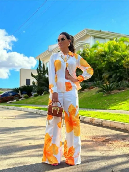 Big Flower/Zebra Print Women's Turn-Down Collar Long Sleeve Blouse + Wide Leg Pants 2-Piece Set