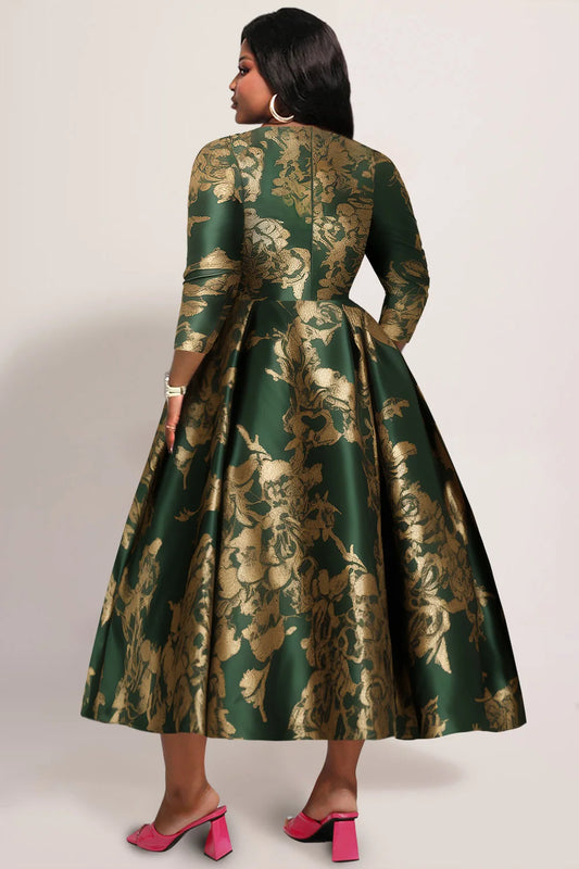 Satin Floral Green/Gold Printed V-Neck 3/4 Sleeve Flared Formal Midi Dress