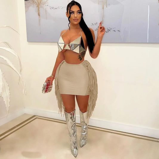 Hanging Fringe Tassel Design Bodycon Women's Solid Color Mini Skirts