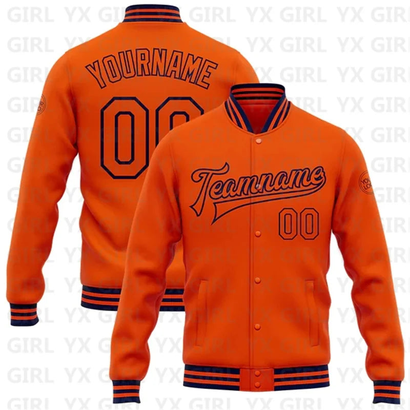 Customized Orange Navy-White Personalized Name Letter 3D Print Full-Snap Varsity Letterman's Baseball Button-Up Bomber Jacket