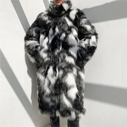 Men's Black/White Colorblock Patchwork Thick Faux Fur Trenchcoat