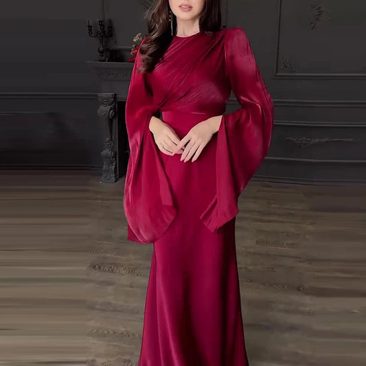 Mesh Patchwork O-Neck High Slit Long Flared Sleeve Solid Color Party Evening Formal Maxi Dress