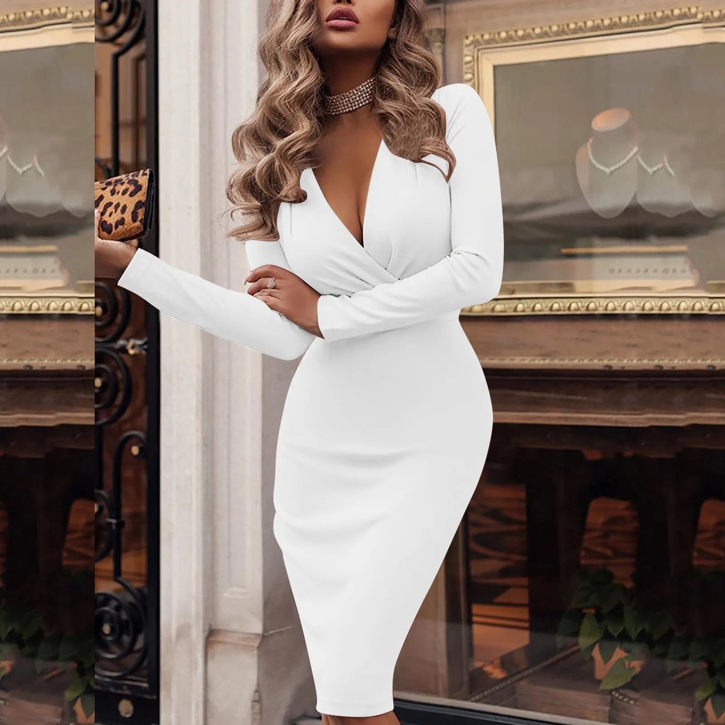 Ruched Evening Deep V-Neck Long Sleeve Solid Color Bodycon Midi Office/Work Dress