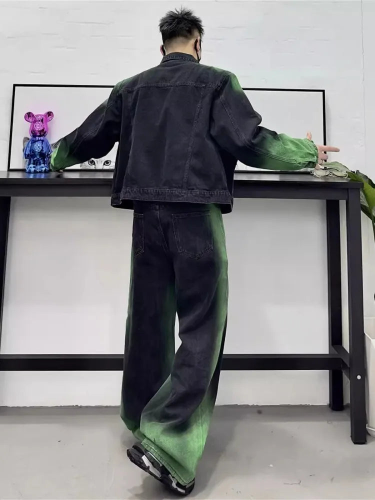 Men's Denim Green/Black Colorblock Loose Cowboy Jean Jacket + Wide Leg Jeans 2-Piece Set