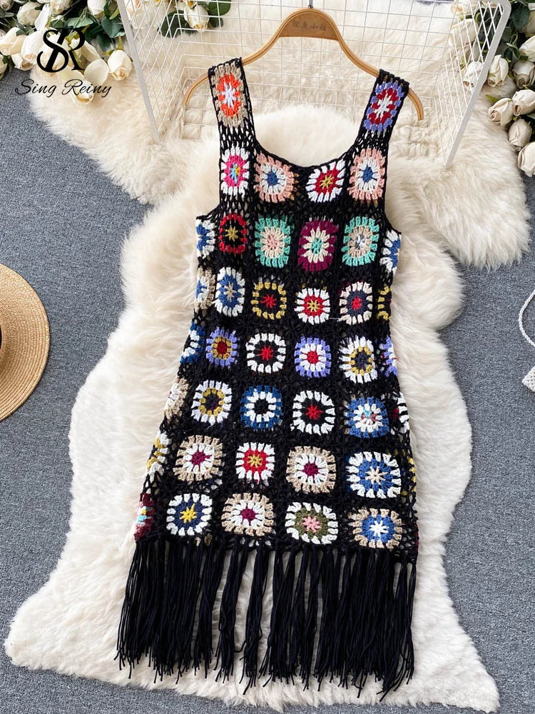 Crochet Sleeveless Knitted Hook Flower Embroidered Hollow-Out Tassel Design Skinny Midi Streetwear Dress