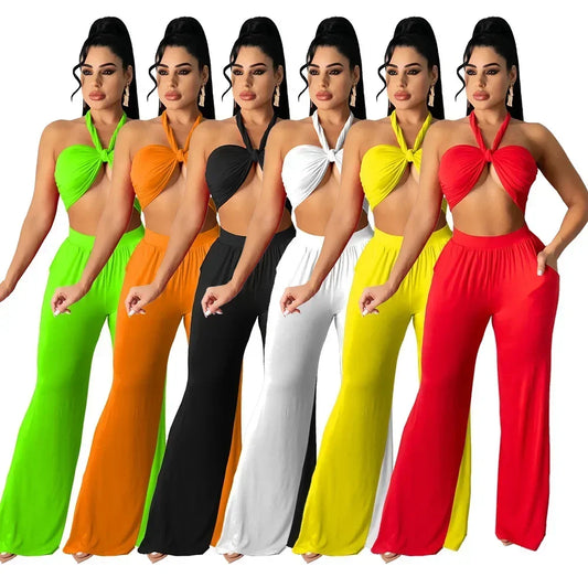 Strapless Hollow-Out Hatler Neck Crop Top + Leggings Bodycon Solid Color Women's 2-Piece Set