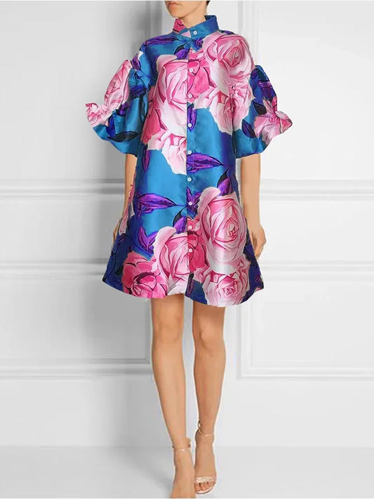 Silk Pink Rose Contrast Print Button-Up Short Sleeve Turn-Down Collar Midi Shirt Dress to 4X Plus Size