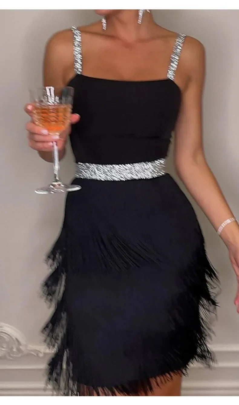 Tassel Fringe Detail Metallic Belted Sleeveless Midi Party/Prom Formal Dress