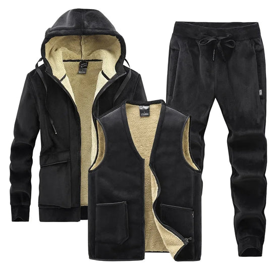 Men's Velvet Fleece Lined Drawstring 3-Piece Tracksuit w/ Zipper Hoodie Jacket + Vest + Sweatpants Set