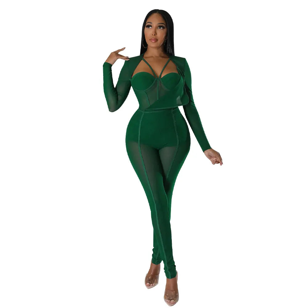 Sheer Transparent Corset Design Long Sleeve V-Neck Solid Color High Waist Jumpsuit