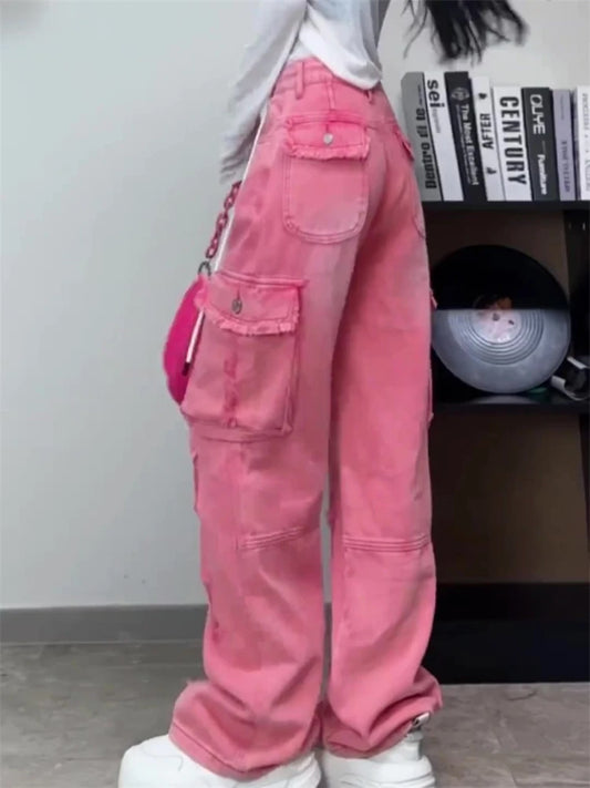 Pink Trouser Loose Ripped Washed Cargo Pocketed Women's Jeans