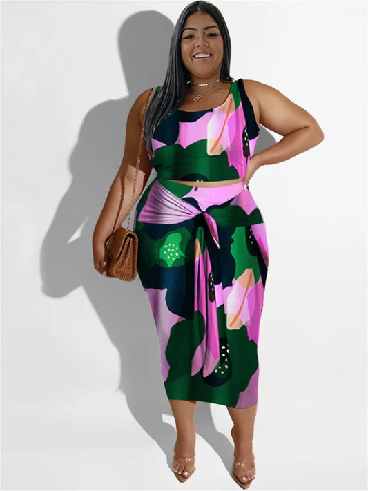 Floral/Tropical/Camoflauge Print Crop Tank Top + Bandage Maxi Skirt 2-Piece Set to 4X Plus Size
