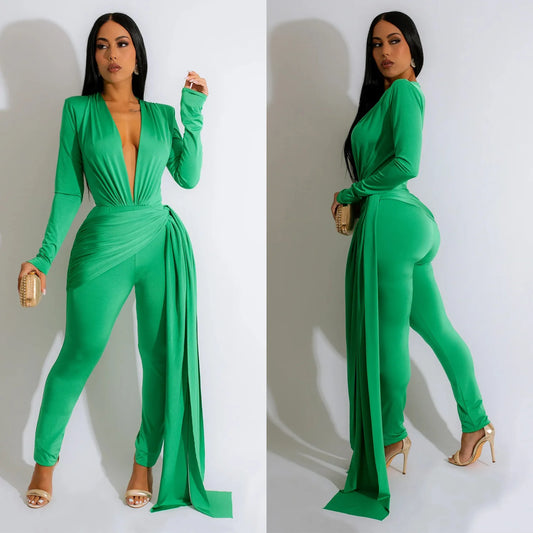 Ribbon Draped Train Deep V-Neck Bodycon Long Sleeve Lace-Up Solid Color Jumpsuit