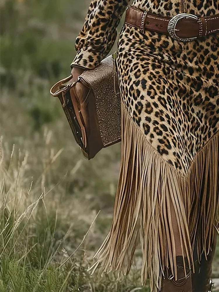 Leopard Print Tassel Fringe Hem Design Long Sleeve Zipper Front Western Maxi Rodeo Dress to 3X Plus Size