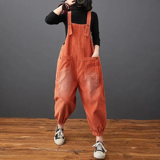 Corduroy Women's Solid Color Loose Rompers Pocketed Wide Leg Overall Jumpsuit