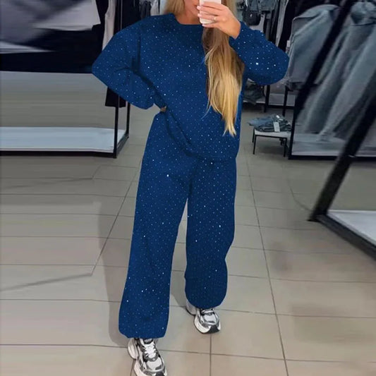 Rhinestone Glitter Women's O-Neck Pullover Sweatshirt Lace-Up Pants Tracksuit