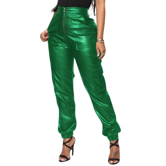 Faux Leather Women's Solid Color Zipper Front Trouser Multi-Pocket Cargo Pants